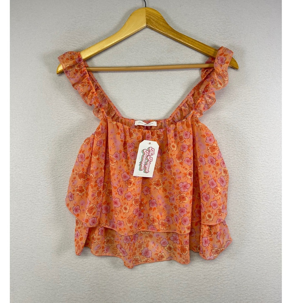 Cottagecore Ces Femme Womens L Orange Floral Ruffle Square Neck‎ Chiffon Top